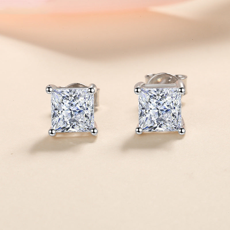 S925 Sterling Silver Square Moissanite Stud Earrings - Elegant Geometric Earrings for Women