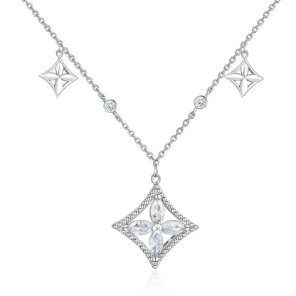 S925 Sterling Silver Square Pendant Necklace - Elegant Tassel Clover & Zirconia Collarbone Chain
