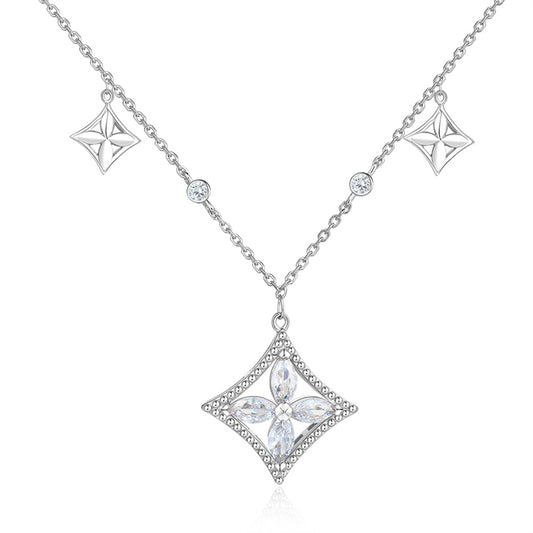 S925 Sterling Silver Square Pendant Necklace - Elegant Tassel Clover & Zirconia Collarbone Chain
