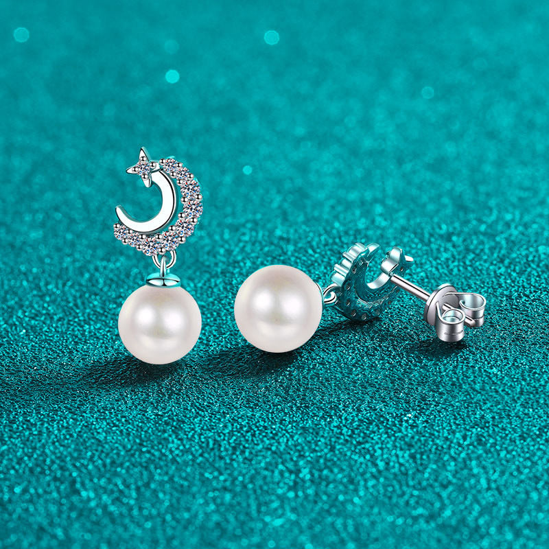 S925 Sterling Silver Star & Moon Stud Earrings - 0.35ct Moissanite & Freshwater Pearls