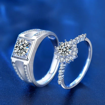 S925 Sterling Silver Sun Geometric Couple Rings - His 1ct & Her 0.5ct Moissanite White Gold Plated Unisex Wedding Bands (Size 5-8/Adjustable)