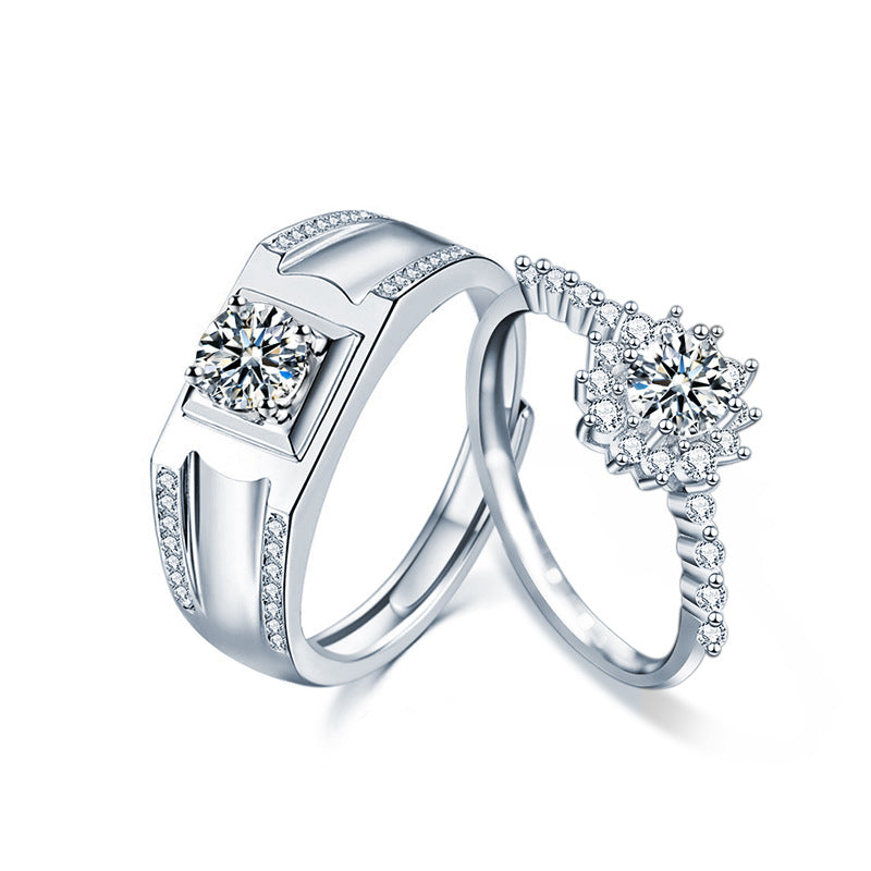S925 Sterling Silver Sun Geometric Couple Rings - His 1ct & Her 0.5ct Moissanite White Gold Plated Unisex Wedding Bands (Size 5-8/Adjustable)