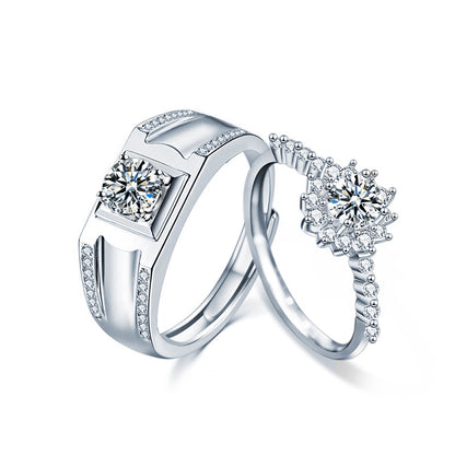 S925 Sterling Silver Sun Geometric Couple Rings - His 1ct & Her 0.5ct Moissanite White Gold Plated Unisex Wedding Bands (Size 5-8/Adjustable)