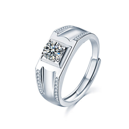 S925 Sterling Silver Sun Geometric Couple Rings - His 1ct & Her 0.5ct Moissanite White Gold Plated Unisex Wedding Bands (Size 5-8/Adjustable)