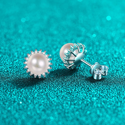 S925 Sterling Silver Sunflower Drop Earrings - 0.21ct Moissanite & 6-7mm Freshwater Pearls