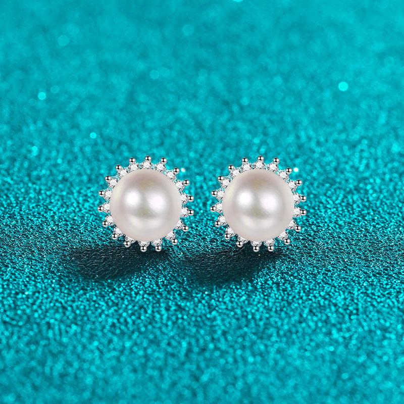 S925 Sterling Silver Sunflower Drop Earrings - 0.21ct Moissanite & 6-7mm Freshwater Pearls