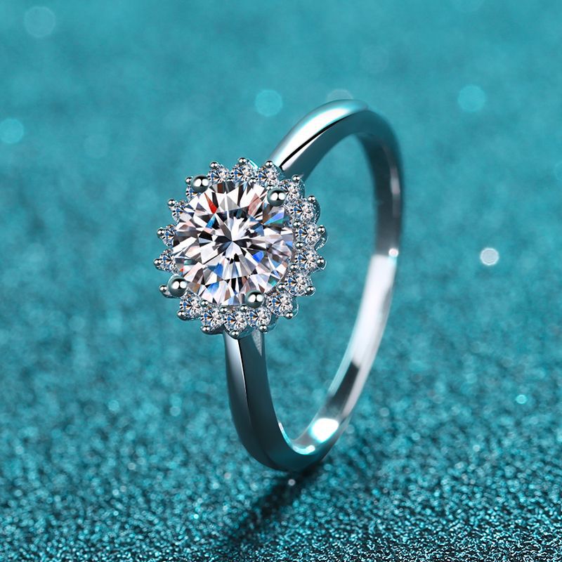 S925 Sterling Silver Sunflower PT950 Platinum Plated 1ct Moissanite Ring