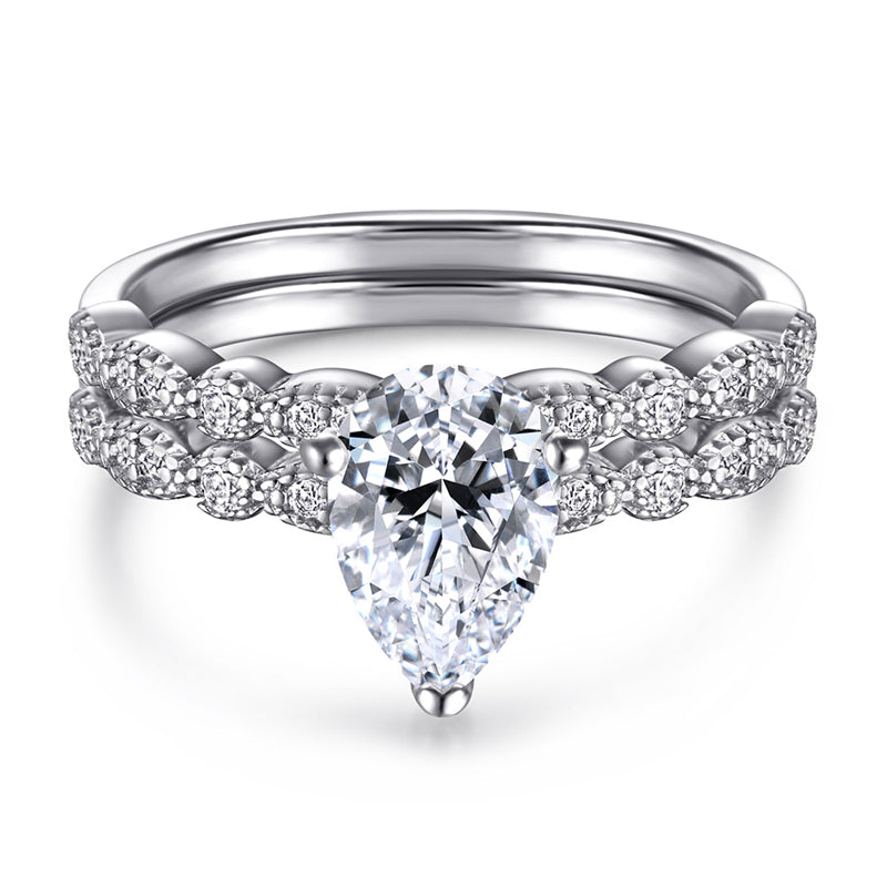 S925 Sterling Silver Teardrop Wedding Ring Set - Elegant Stackable Bridal Jewelry