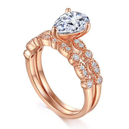 S925 Sterling Silver Teardrop Wedding Ring Set - Elegant Stackable Bridal Jewelry