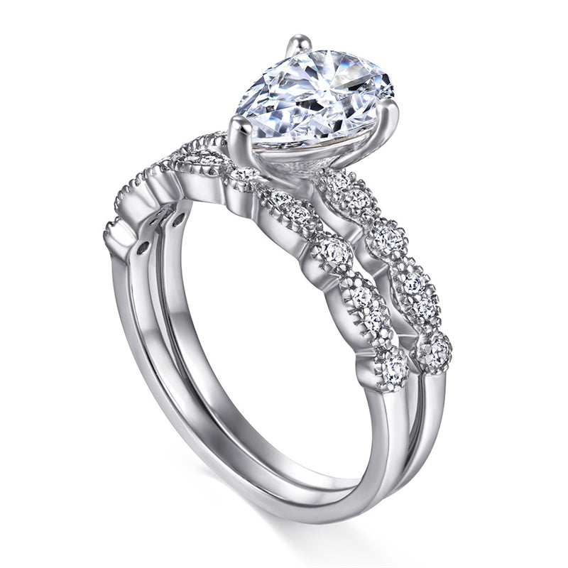 S925 Sterling Silver Teardrop Wedding Ring Set - Elegant Stackable Bridal Jewelry