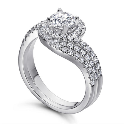S925 Sterling Silver Twisted Halo Diamond Ring Set - Elegant Full Pavé Wedding Band