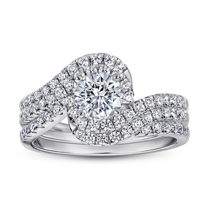 S925 Sterling Silver Twisted Halo Diamond Ring Set - Elegant Full Pavé Wedding Band
