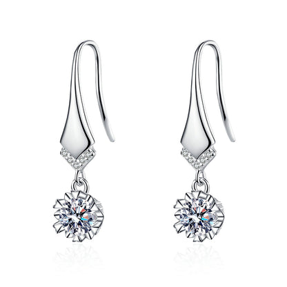 S925 Sterling Silver V-Shape Hook Earrings with Moissanite - Camellia & Tree Motif Elegant Dangle Earrings