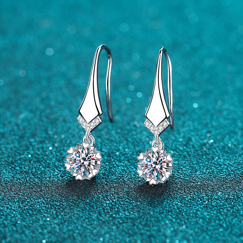 S925 Sterling Silver V-Shape Hook Earrings with Moissanite - Camellia & Tree Motif Elegant Dangle Earrings