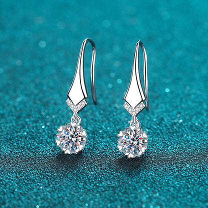 S925 Sterling Silver V-Shape Hook Earrings with Moissanite - Camellia & Tree Motif Elegant Dangle Earrings