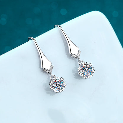 S925 Sterling Silver V-Shape Hook Earrings with Moissanite - Camellia & Tree Motif Elegant Dangle Earrings
