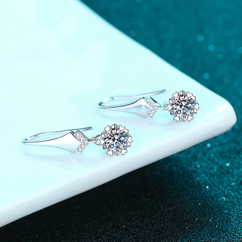 S925 Sterling Silver V-Shape Hook Earrings with Moissanite - Camellia & Tree Motif Elegant Dangle Earrings