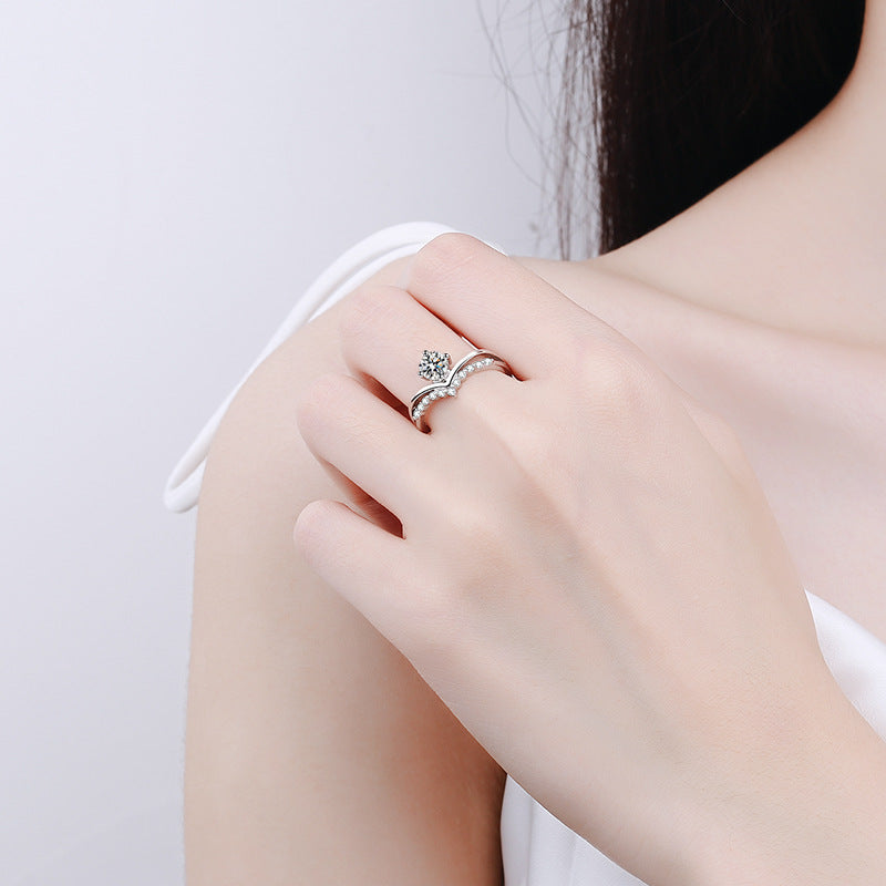 S925 Sterling Silver V-Shaped Micro-Pave Ring | 0.5ct Moissanite Crown Setting with Duck Motif