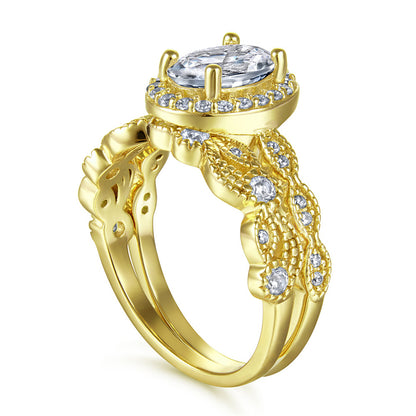 S925 Sterling Silver Vintage Floral Engagement Set - European-Inspired Wedding Jewelry