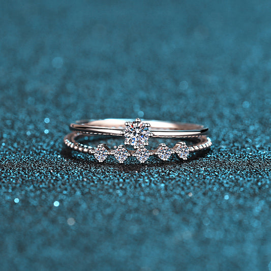 PT950 Plated S925 Sterling Silver Crown Ring with 10-Point Moissanite | Floral Camellia and Red Bean Design