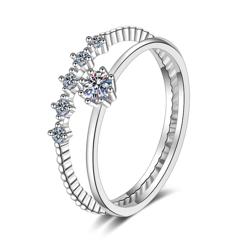 PT950 Plated S925 Sterling Silver Crown Ring with 10-Point Moissanite | Floral Camellia and Red Bean Design