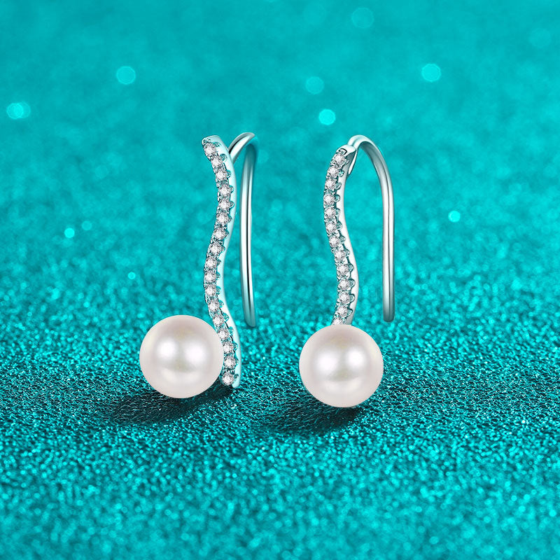 S925 Sterling Silver Wave Stud Earrings - 0.14ct Moissanite & 6-7mm Freshwater Pearls