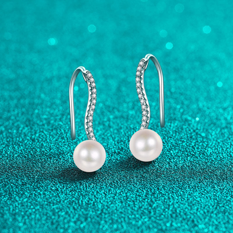 S925 Sterling Silver Wave Stud Earrings - 0.14ct Moissanite & 6-7mm Freshwater Pearls