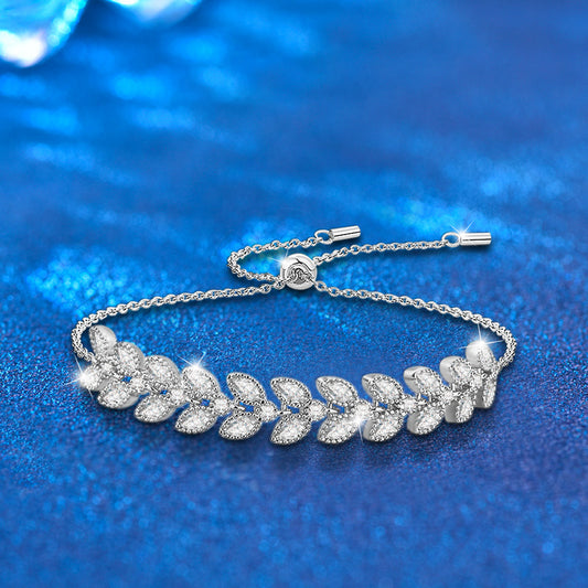 S925 Sterling Silver Wheat Ear Bracelet with Moissanite Light Luxury Business Gift Jewelry Rhodium Plated