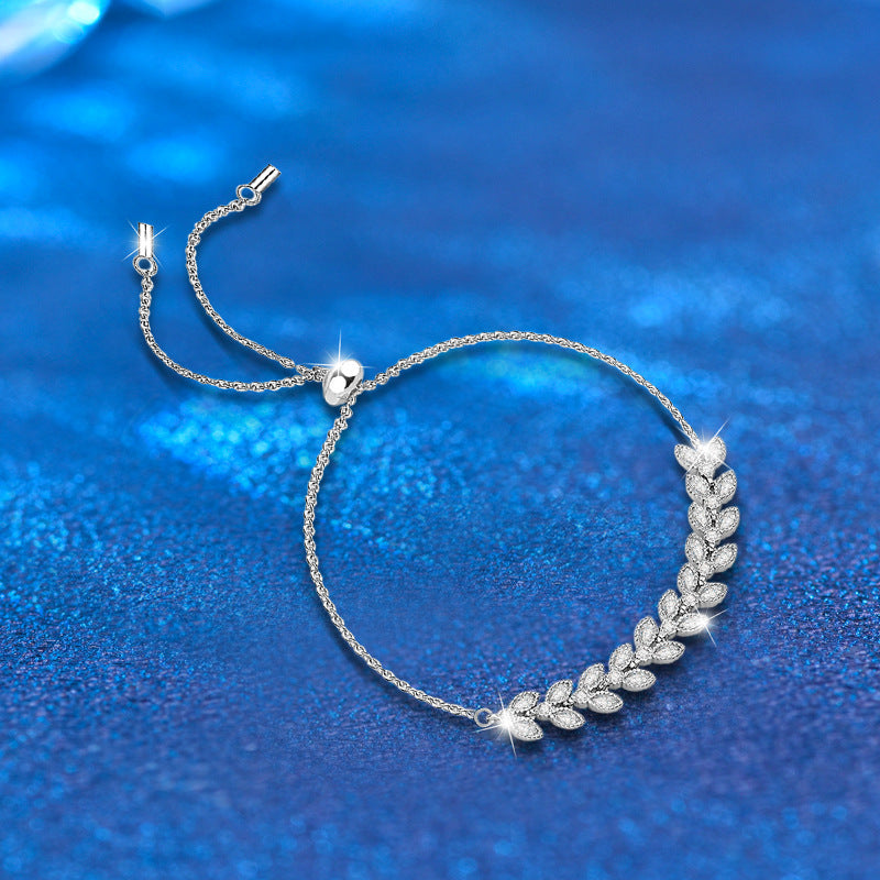S925 Sterling Silver Wheat Ear Bracelet with Moissanite Light Luxury Business Gift Jewelry Rhodium Plated