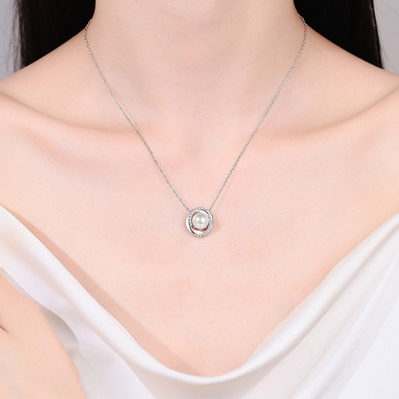 S925 Sterling Silver Whirlwind Pendant Necklace - 18-Point Moissanite & Pearl Elegant Layered Choker