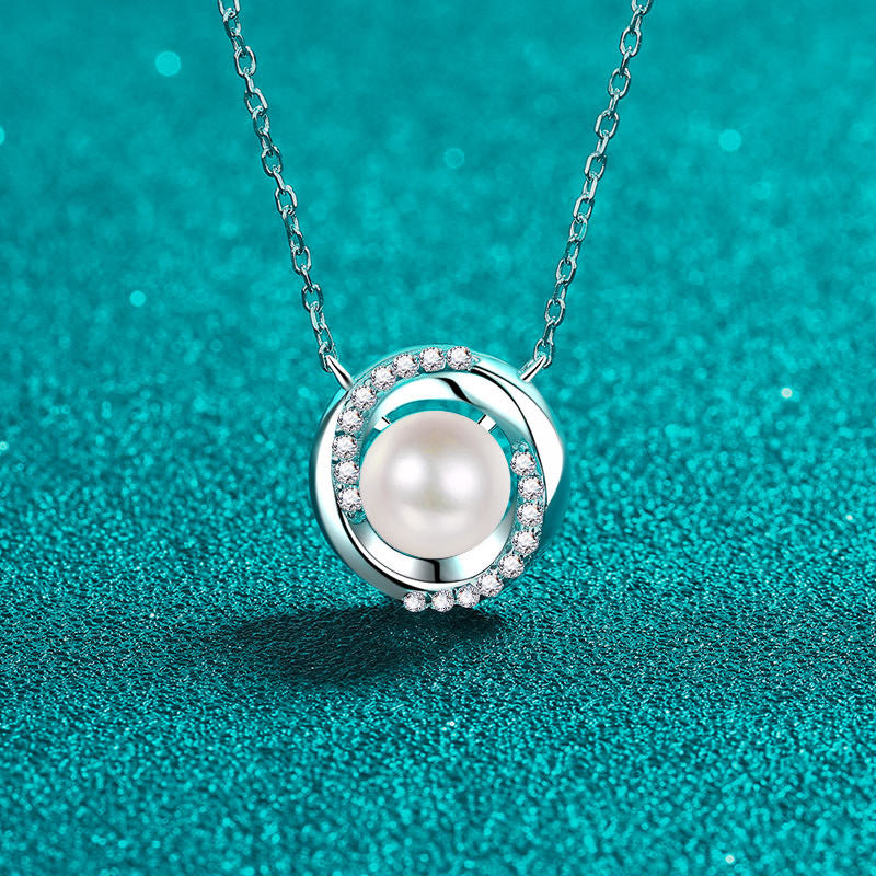 S925 Sterling Silver Whirlwind Pendant Necklace - 18-Point Moissanite & Pearl Elegant Layered Choker