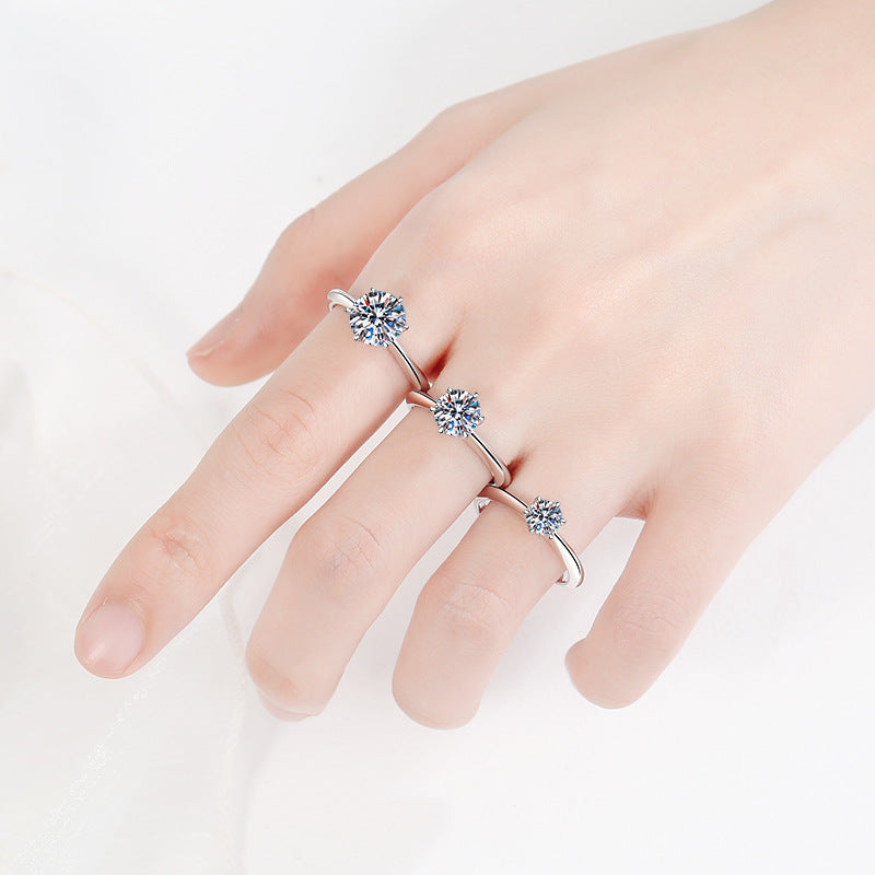 S925 Sterling Silver with PT950 Plating Hexagon Six-Prong Solitaire Ring, Adjustable Lab-Grown Moissanite Ring with Geometric Floral Motif (0.5-3ct)