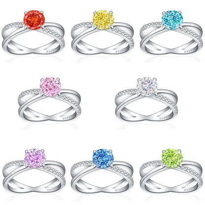 S925 Sterling Silver 1.2ct Flame-Cut Crossover Ring - 7×7mm Colored Gemstone Statement Jewelry