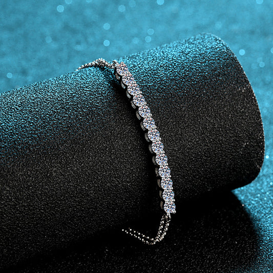Sporty Geometric Rhodium Plated Sterling Silver Bracelet - 1.3ct Moissanite or 7A Zircon with Camellia & Cactus Design
