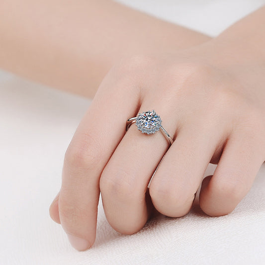 S925 Sterling Silver 1CT Moissanite 4-Prong Sunflower Engagement Ring - Lotus Pod & Red Bean Vintage Design