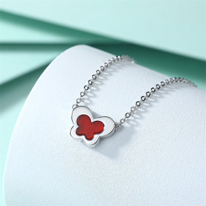 S925 Sterling Silver Butterfly Pendant Necklace - Elegant Red Agate & Zirconia Collarbone Chain
