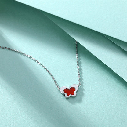 S925 Sterling Silver Butterfly Pendant Necklace - Elegant Red Agate & Zirconia Collarbone Chain