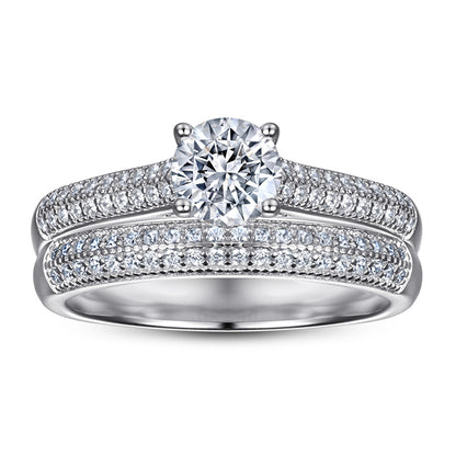 S925 Sterling Silver Couple's Ring Set - Double Row Pavé Zirconia Wedding Bands