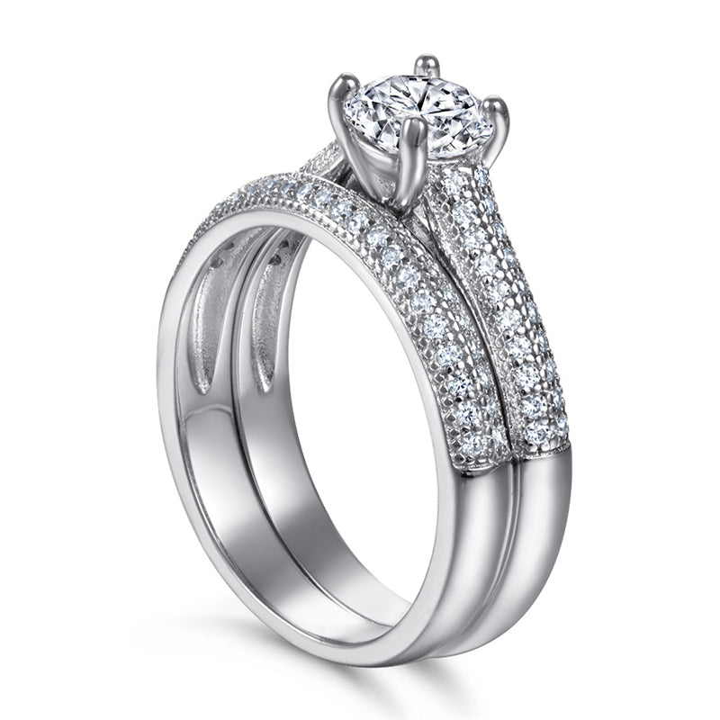 S925 Sterling Silver Couple's Ring Set - Double Row Pavé Zirconia Wedding Bands
