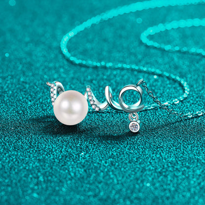 S925 Sterling Silver LOVE Pendant Necklace - 9.5-Point Moissanite & Pearl Wave-Design Layered Choker, Korean-Inspired Gift for Her