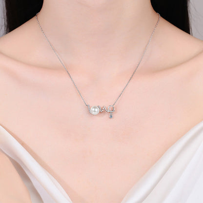 S925 Sterling Silver LOVE Pendant Necklace - 9.5-Point Moissanite & Pearl Wave-Design Layered Choker, Korean-Inspired Gift for Her