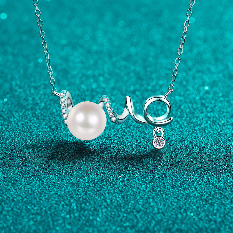 S925 Sterling Silver LOVE Pendant Necklace - 9.5-Point Moissanite & Pearl Wave-Design Layered Choker, Korean-Inspired Gift for Her