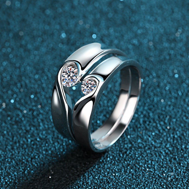 S925 Sterling Silver "Love in Heart" Couple's Ring Set | Chinese "Fu" Character Moissanite Rings