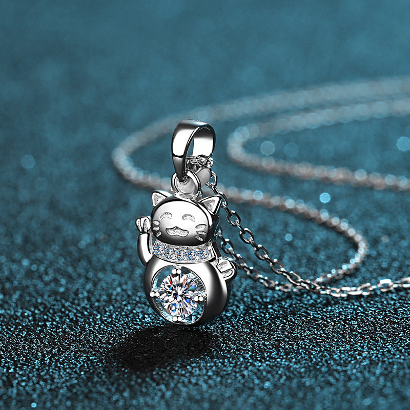 S925 Sterling Silver Lucky Cat Pendant Necklace - 0.3CT Moissanite Minimalist Collarbone Chain