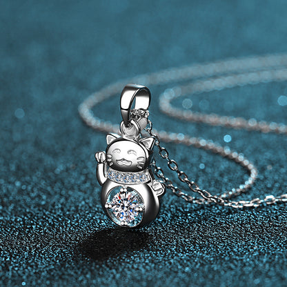 S925 Sterling Silver Lucky Cat Pendant Necklace - 0.3CT Moissanite Minimalist Collarbone Chain