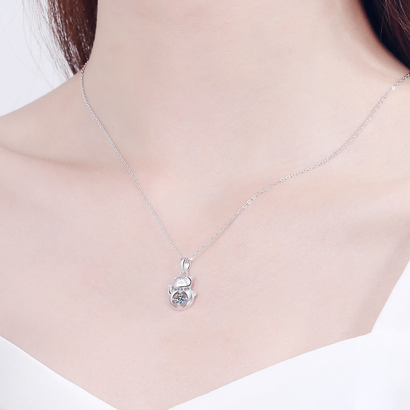 S925 Sterling Silver Lucky Cat Pendant Necklace - 0.3CT Moissanite Minimalist Collarbone Chain