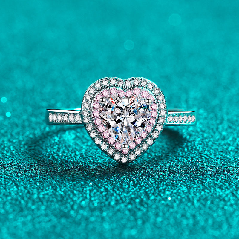 S925 Sterling Silver Matching Hearts 1ct Heart-Shaped Moissanite Ring