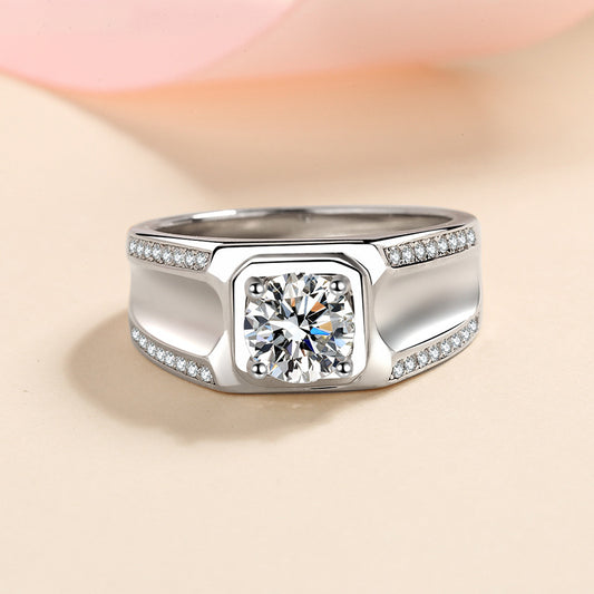 S925 Sterling Silver Men's Crown Style 1ct Moissanite Ring with Security Lock Motif