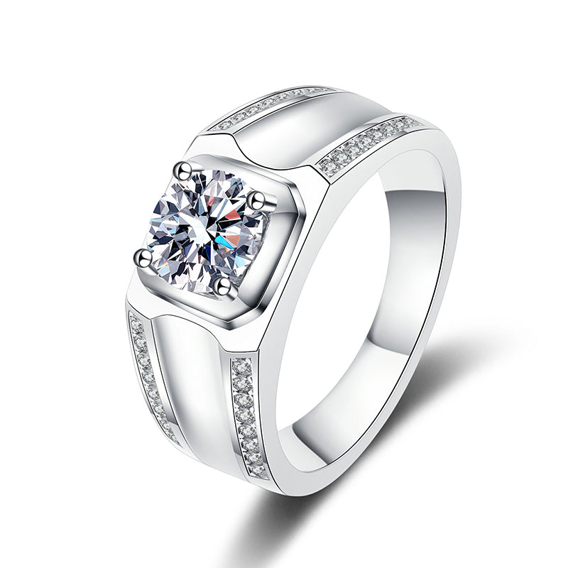 S925 Sterling Silver Men's Crown Style 1ct Moissanite Ring with Security Lock Motif