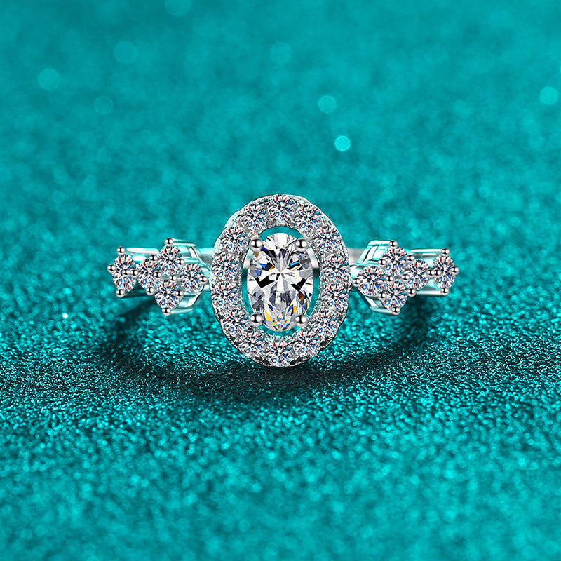 S925 Sterling Silver Oval Blue Moissanite Ring with Floral Motifs